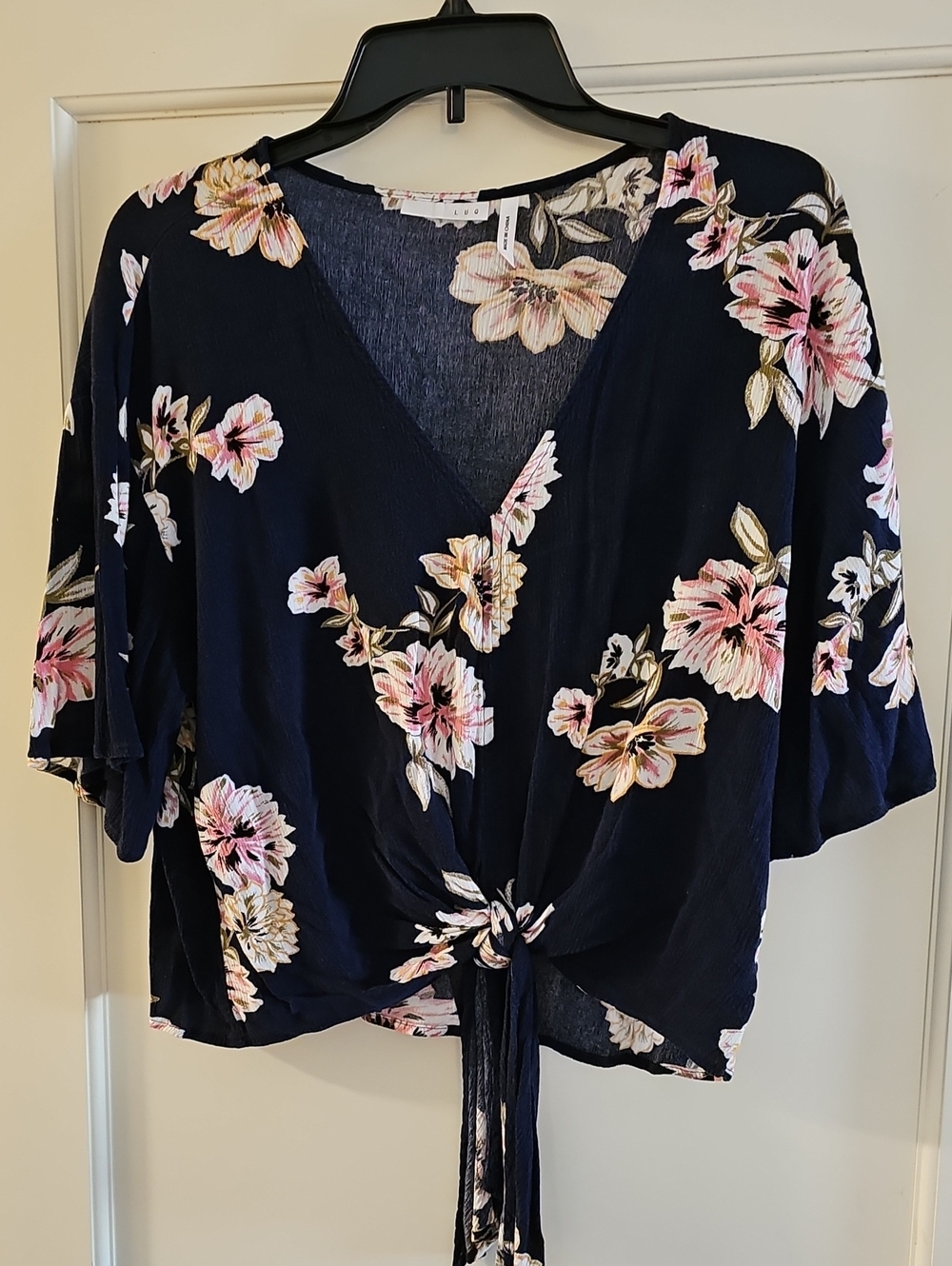 Women's Navy Floral Tie-Front V-Neck Blouse